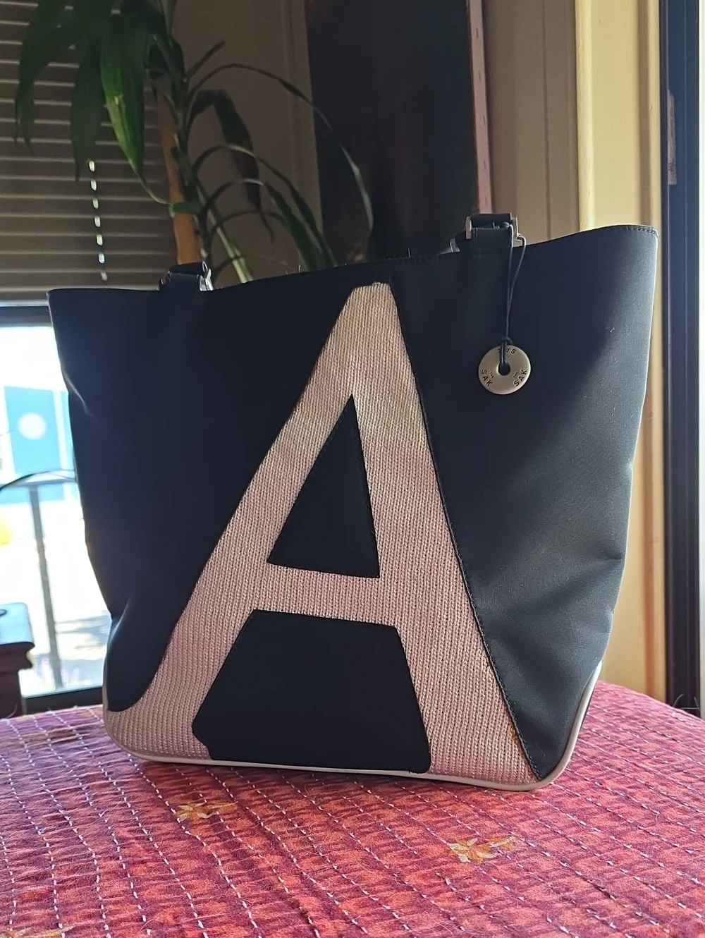 Sak Black and Cream Tote Bag with Letter A - Picture 1 of 9